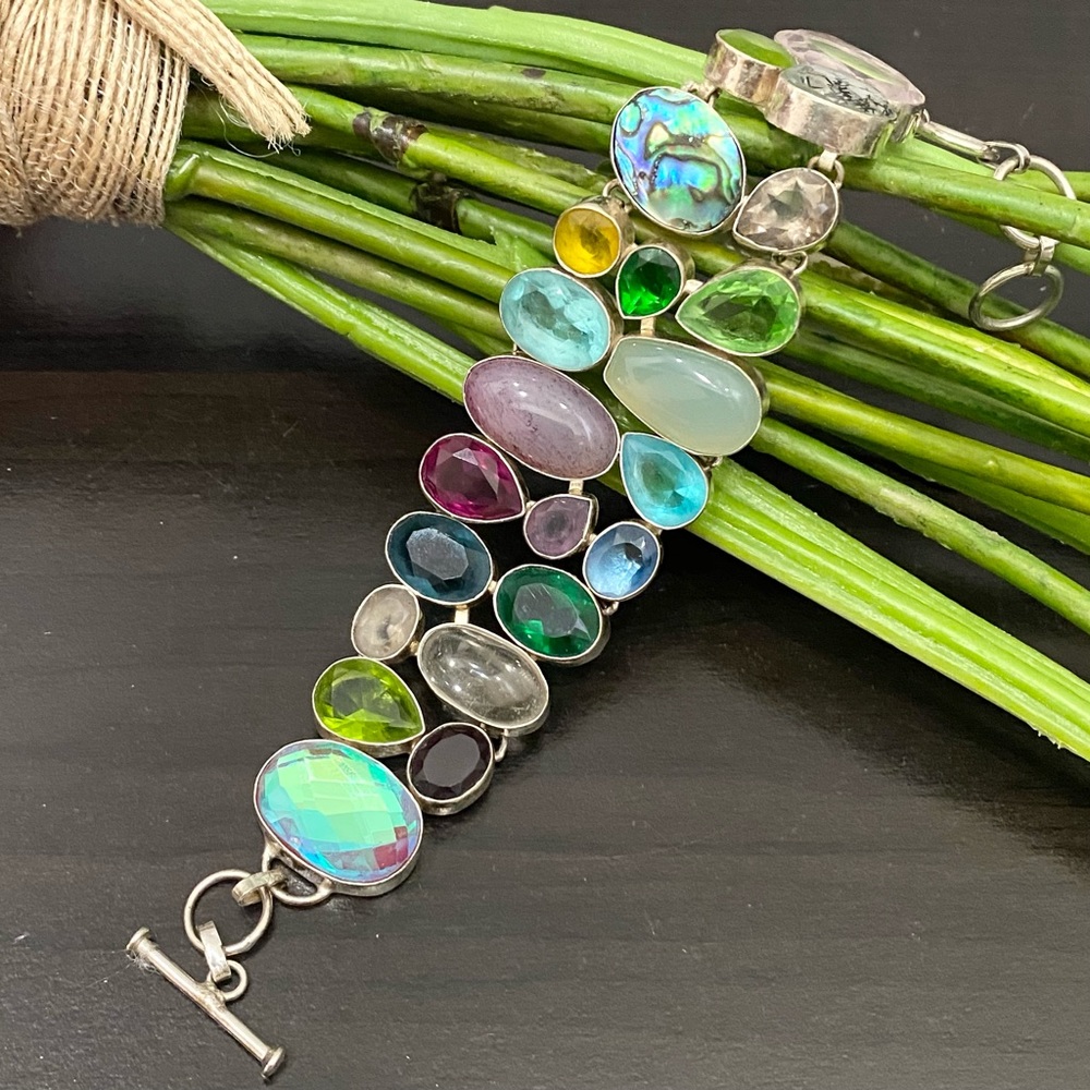 Stunning Multicolored Gemstones Crystals Mixed Cabochon Wide Bracelet 55.1g